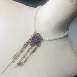 Handcrafted repurpose botanical floral chandelier Czech glass Pearl necklace